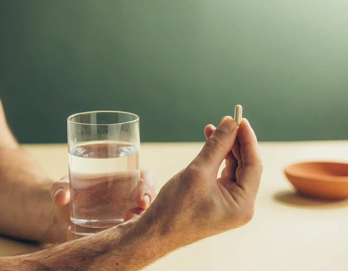 A person holding a glass of water and a single daily supplement