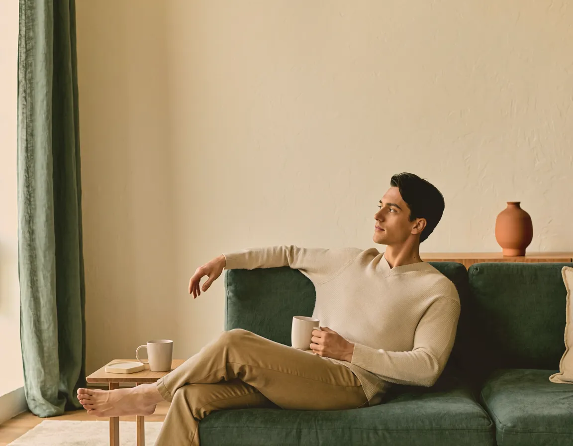 A man relaxed on a sofa with a warm drink in a calm, sunlit room