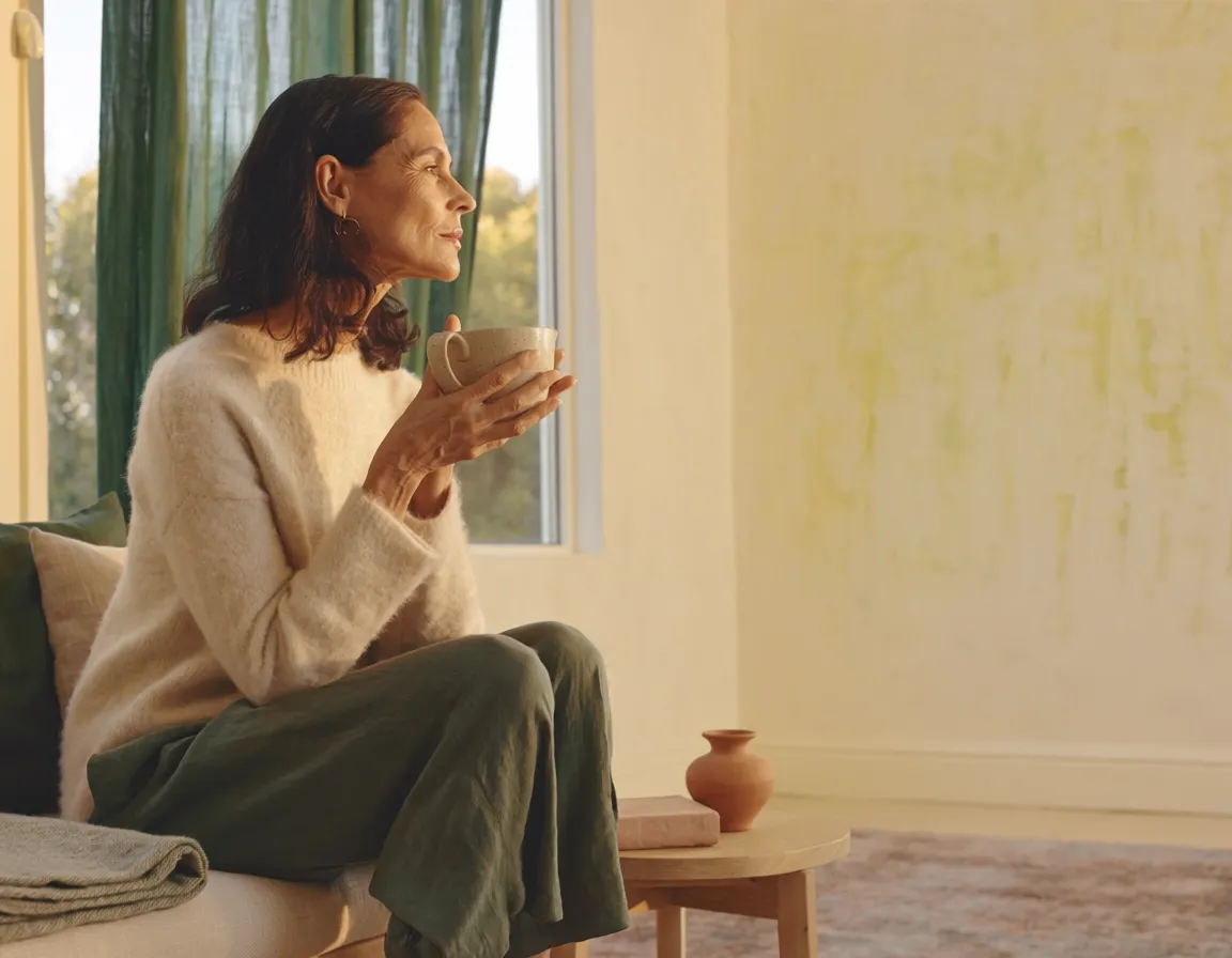 A woman resting at home with a warm drink in soft morning light