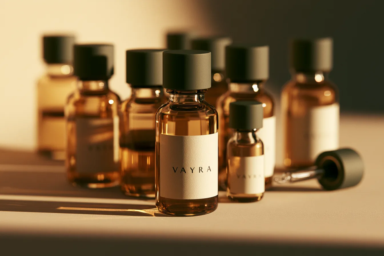 Vayra Restore amber apothecary bottles in warm light
