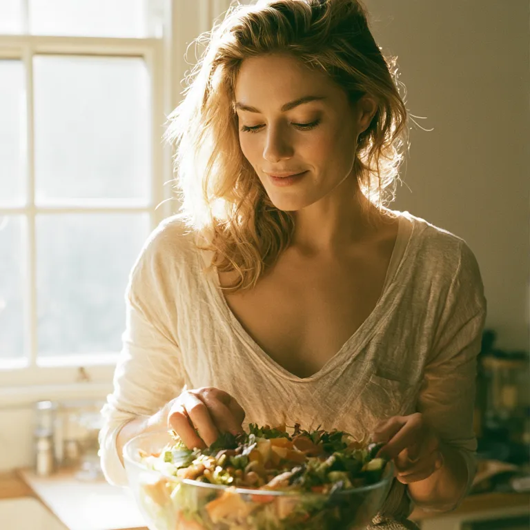 Woman preparing a fresh meal in warm morning light